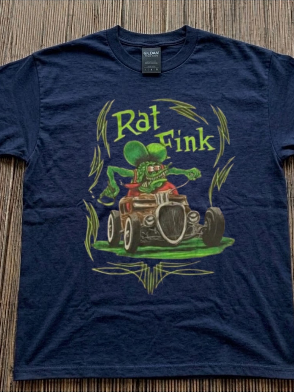 Gildan Navy Rat Fink Graphic Tee with Green & Red Artwork